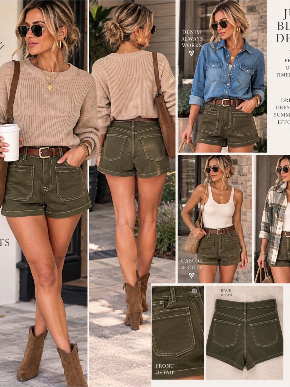 Just Black Olive High Waist Utility Denim Shorts